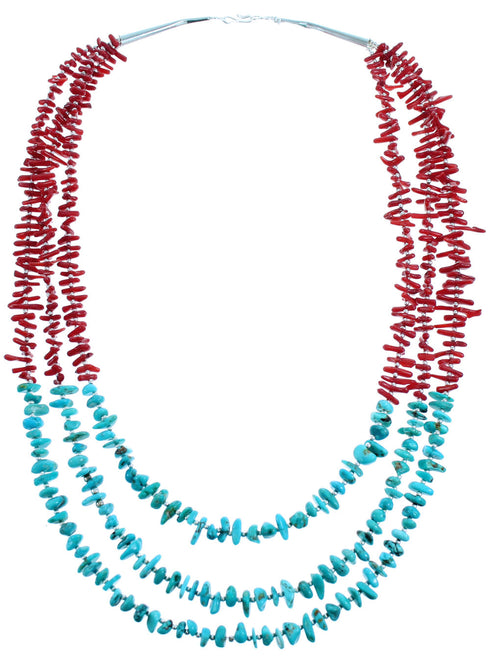 Turquoise And Coral Sterling Silver 3-Strand Bead Necklace SX115150